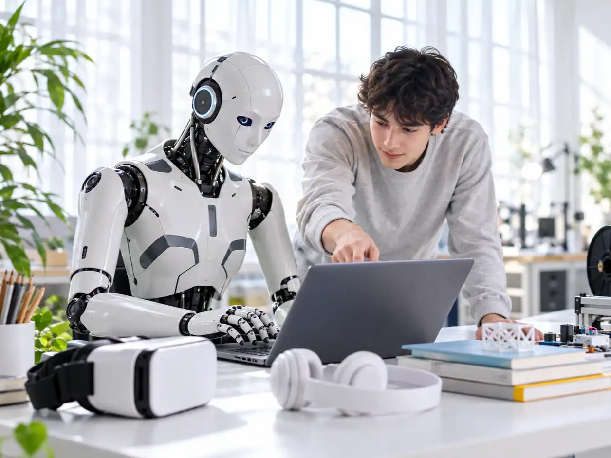 Latvijas Training Lab robots un students strādā pie datora laboratorijā.